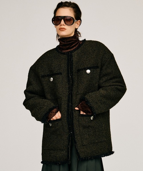 PRANK PROJECT（プランクプロジェクト）の「【2026Autumn Pre-Order】ツイードノーカラージャケットコート / Tweed No-Collar Jacket Coat（ノーカラーコート・レディース・マルチ/ブラック/カーキ・FREE）」の2枚目の写真