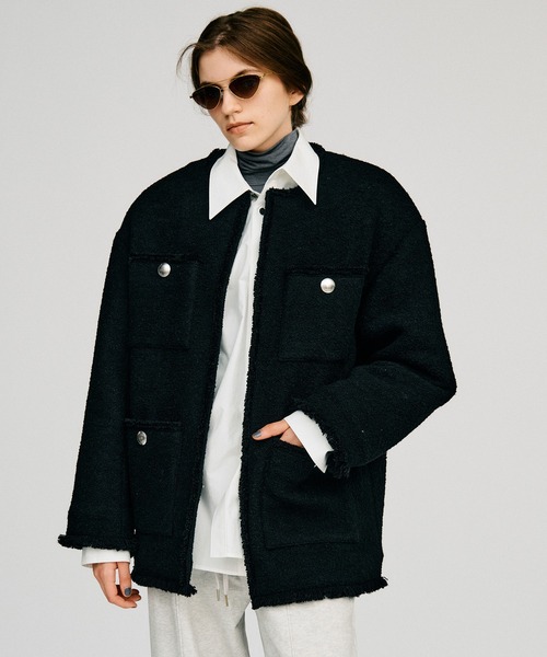PRANK PROJECT（プランクプロジェクト）の「【2026Autumn Pre-Order】ツイードノーカラージャケットコート / Tweed No-Collar Jacket Coat（ノーカラーコート・レディース・マルチ/ブラック/カーキ・FREE）」の10枚目の写真