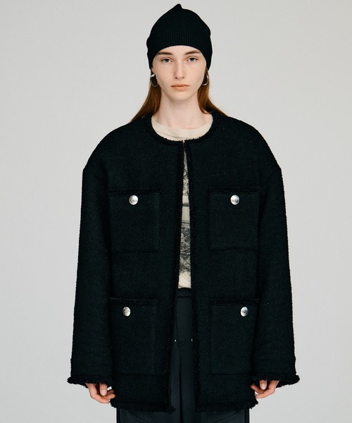 PRANK PROJECT（プランクプロジェクト）の「【2026Autumn Pre-Order】ツイードノーカラージャケットコート / Tweed No-Collar Jacket Coat（ノーカラーコート・レディース・マルチ/ブラック/カーキ・FREE）」の9枚目の写真