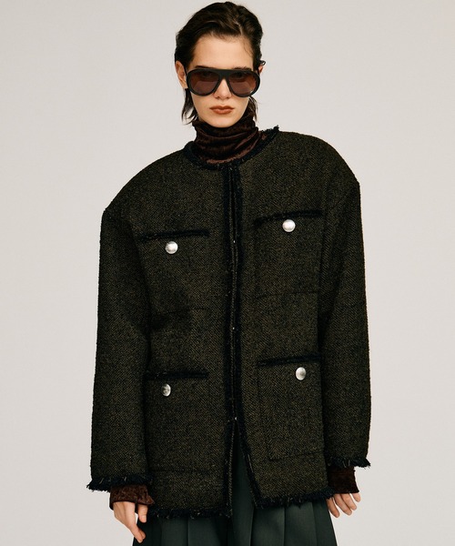 PRANK PROJECT（プランクプロジェクト）の「【2026Autumn Pre-Order】ツイードノーカラージャケットコート / Tweed No-Collar Jacket Coat（ノーカラーコート・レディース・マルチ/ブラック/カーキ・FREE）」の12枚目の写真