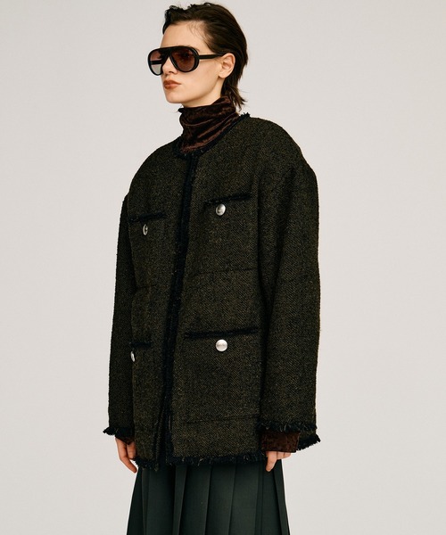 PRANK PROJECT（プランクプロジェクト）の「【2026Autumn Pre-Order】ツイードノーカラージャケットコート / Tweed No-Collar Jacket Coat（ノーカラーコート・レディース・マルチ/ブラック/カーキ・FREE）」の13枚目の写真