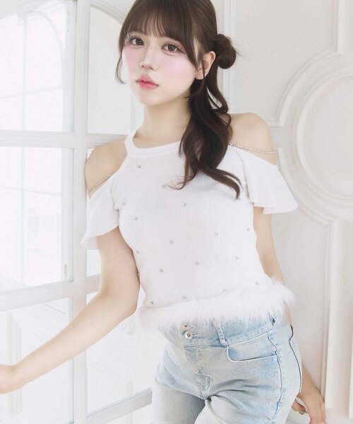 OLIVE des OLIVE(オリーブデオリーブ)の「【Belle Charme】Jewel Ame Sleeve Knit(ニット/セーター・レディース・ブラック/オフホワイト・FREE)」の1枚目の写真