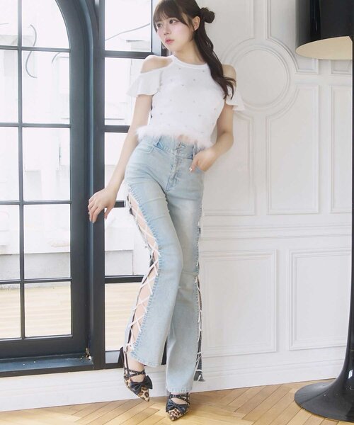 OLIVE des OLIVE(オリーブデオリーブ)の「【Belle Charme】Jewel Ame Sleeve Knit(ニット/セーター・レディース・ブラック/オフホワイト・FREE)」の4枚目の写真