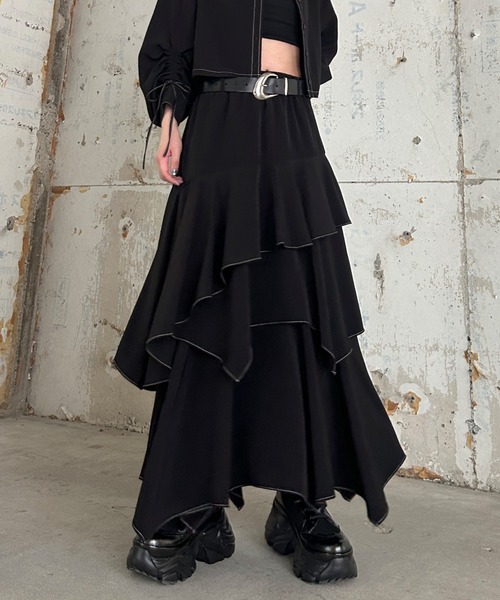 PAGEBOY（ページボーイ）の「ハイショクステッチイレヘムスカート【ウエストゴム/ストレスフリー/裏地付き】（スカート・レディース・ターコイズブルー/チャコールグレー/グレー系その他/ブラック・FREE）」の2枚目の写真