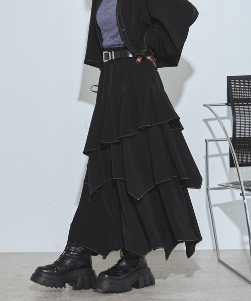 PAGEBOY（ページボーイ）の「ハイショクステッチイレヘムスカート【ウエストゴム/ストレスフリー/裏地付き】（スカート・レディース・ターコイズブルー/チャコールグレー/グレー系その他/ブラック・FREE）」の6枚目の写真