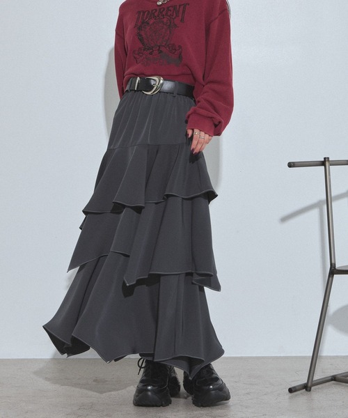 PAGEBOY（ページボーイ）の「ハイショクステッチイレヘムスカート【ウエストゴム/ストレスフリー/裏地付き】（スカート・レディース・ターコイズブルー/チャコールグレー/グレー系その他/ブラック・FREE）」の12枚目の写真