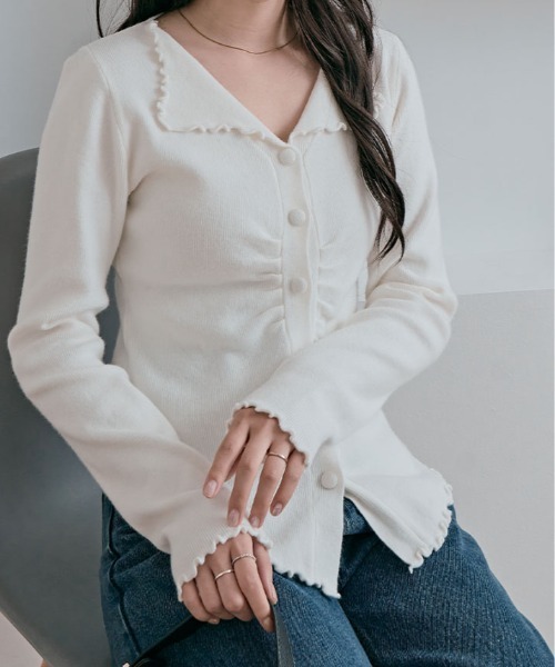 kirakiraShop（キラキラショップ）の「フロント ギャザー メロウ ニット トップス（ニット/セーター・レディース・ブラウン/ベージュ/オフホワイト/ブラック・FREE）」の2枚目の写真