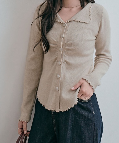kirakiraShop（キラキラショップ）の「フロント ギャザー メロウ ニット トップス（ニット/セーター・レディース・ブラウン/ベージュ/オフホワイト/ブラック・FREE）」の10枚目の写真