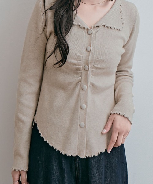 kirakiraShop（キラキラショップ）の「フロント ギャザー メロウ ニット トップス（ニット/セーター・レディース・ブラウン/ベージュ/オフホワイト/ブラック・FREE）」の14枚目の写真