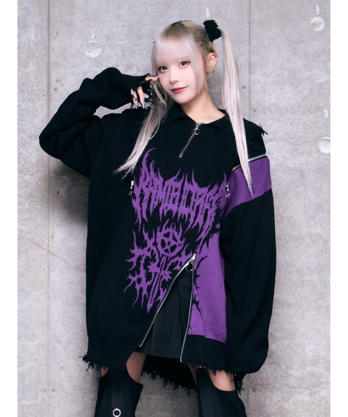 Amilige(アミリージュ)の「ハートクロスバイカラーZIPニット(ニット/セーター・レディース・ブラック×レッド/ブラック×パープル/ブラック×ホワイト・FREE)」の2枚目の写真