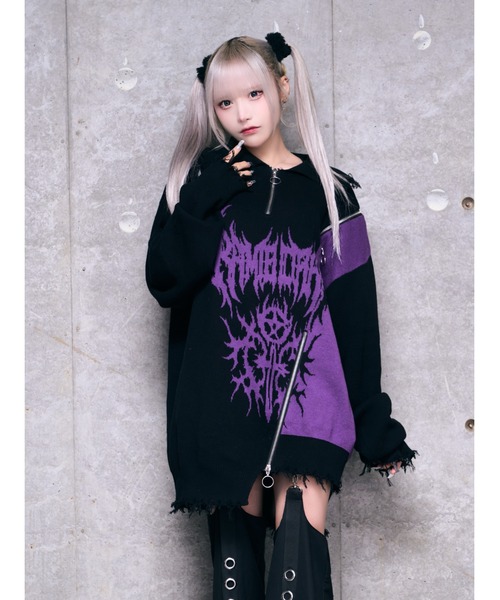 Amilige(アミリージュ)の「ハートクロスバイカラーZIPニット(ニット/セーター・レディース・ブラック×レッド/ブラック×パープル/ブラック×ホワイト・FREE)」の11枚目の写真