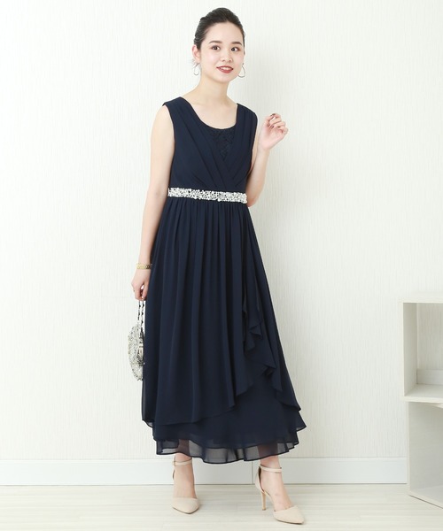 MARLENE JOBERT（マルレーヌ　ジョベル）の「ウエストビジュ ロング丈ドレープドレスワンピース（ドレス・レディース・ミント/ネイビー/ブラック/スモークピンク・L/M/LL）」の3枚目の写真