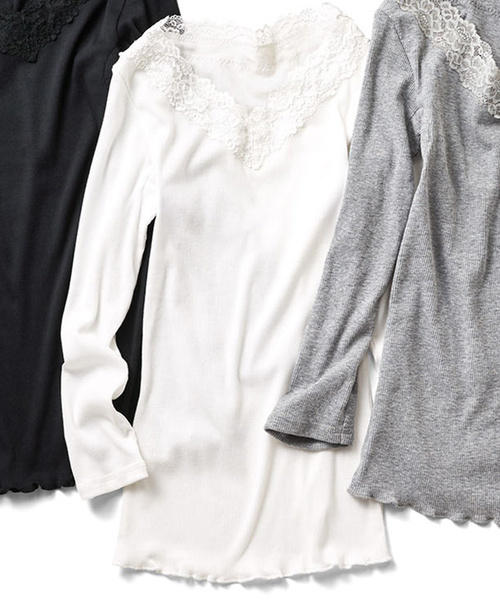 IEDIT（イディット）の「ＩＥＤＩＴ　冬のチラ見え対策！Ｖネックのレース付きインナートップス（その他アンダーウェア/インナー・レディース・ブラック/ホワイト/グレー・LARGE/MEDIUM/SMALL/X-LARGE/XX-LARGE）」の2枚目の写真