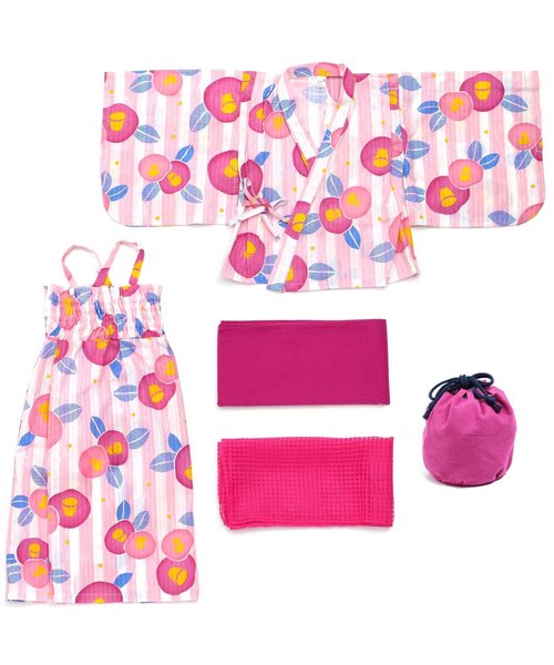 apres les cours（アプレレクール）の「つばき柄浴衣セット（浴衣・キッズ・レッド/ピンク・120/100/110/130/140）」の2枚目の写真