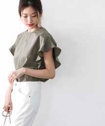 classicalelf | 袖フレア リネンライク ラウンドネック無地ミドル丈フレンチブラウス（半袖）(シャツ/ブラウス)