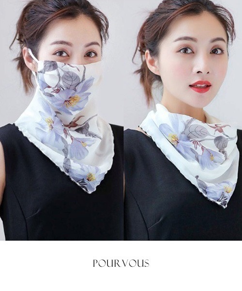 PourVous（プールヴー）の「UVカバーストール シフォン 生地の選べる9柄ストール/花柄 マスクスカーフとしても使えます（マスク・レディース・ホワイト/ブラック/パープル/ネイビー/ピンク/オレンジ/ブルー/ラベンダー/ライトピンク・FREE）」の14枚目の写真