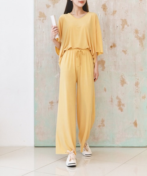 me+em select（ミームセレクト）の「【上下2点セット】さらさらビッグルームウェアSET（ルームウェア/パジャマ・レディース・イエロー/ブラック/ピンク/カーキ/ベージュ/アイボリー・FREE）」の5枚目の写真