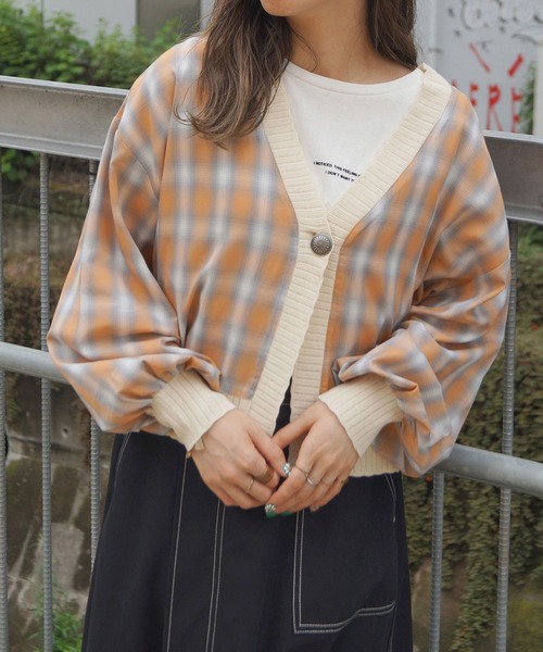 179/WG(イチナナキュウダブルジー)の「チェックシャツリメイクカーディガン(カーディガン/ボレロ・レディース・オレンジ/ベージュ/ブルー・FREE)」の3枚目の写真