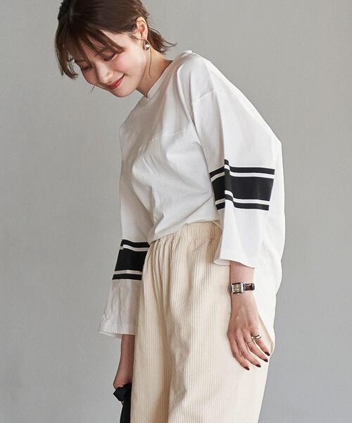 coen（コーエン）の「USAコットン7分袖フットボールTシャツ（Tシャツ/カットソー・レディース・オフホワイト/ダークグレー/オレンジ系その他・M/L）」の4枚目の写真