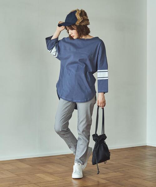 coen（コーエン）の「USAコットン7分袖フットボールTシャツ（Tシャツ/カットソー・レディース・オフホワイト/ダークグレー/オレンジ系その他・M/L）」の6枚目の写真