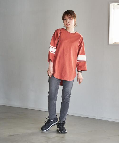 coen（コーエン）の「USAコットン7分袖フットボールTシャツ（Tシャツ/カットソー・レディース・オフホワイト/ダークグレー/オレンジ系その他・M/L）」の5枚目の写真