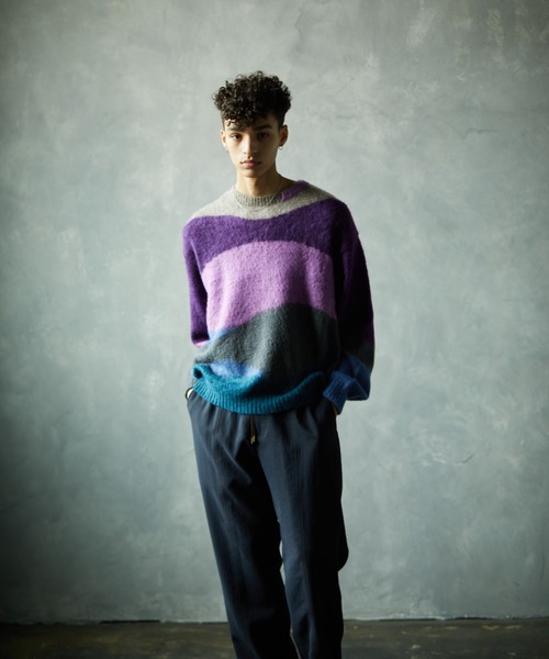 TAUPE（トープ）の「【TAUPE/トープ】 モヘアインターシャクルーニット（ニット/セーター・メンズ・ダークグリーン/パープル・2）」の6枚目の写真