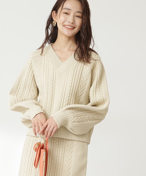 N.(N. Natural Beauty Basic)(エヌエヌナチュラルビューティーベーシック)の「◆Vネックケーブルニットセットアップ(ワンピース・レディース・モカ/クリーム/グリーン/グレイッシュブルー/パープル・MEDIUM)」の16枚目の写真