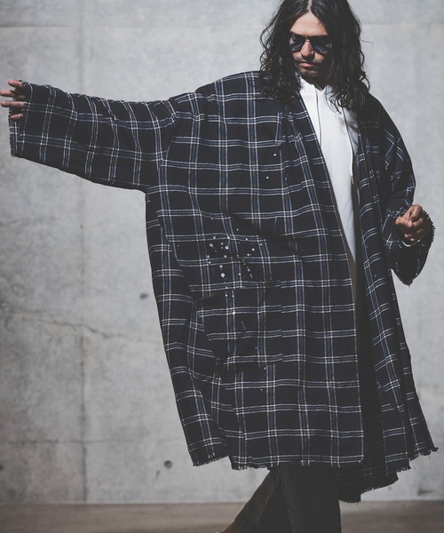 GLIMCLAP(グリムクラップ)の「mj8235-viyella material plaid gown-ish shirtcoat シャツコート(その他アウター・メンズ・イエロー/ホワイト/レッド/ブラック・M/S/L)」の3枚目の写真