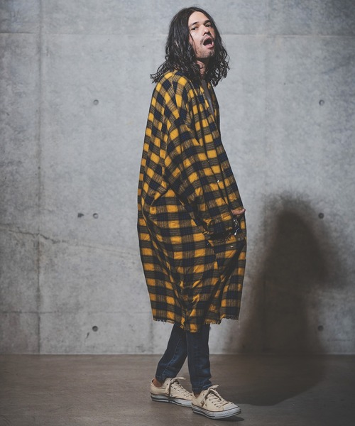 GLIMCLAP(グリムクラップ)の「mj8235-viyella material plaid gown-ish shirtcoat シャツコート(その他アウター・メンズ・イエロー/ホワイト/レッド/ブラック・M/S/L)」の12枚目の写真