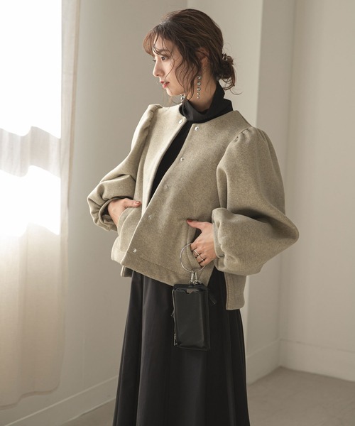rectangle（レクタングル）の「メルトンボリュームスリーブジャケット（ノーカラージャケット・レディース・ブラック/ベージュ・FREE）」の13枚目の写真