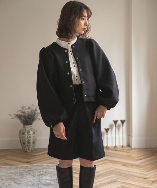 rectangle（レクタングル）の「メルトンボリュームスリーブジャケット（ノーカラージャケット・レディース・ブラック/ベージュ・FREE）」の3枚目の写真