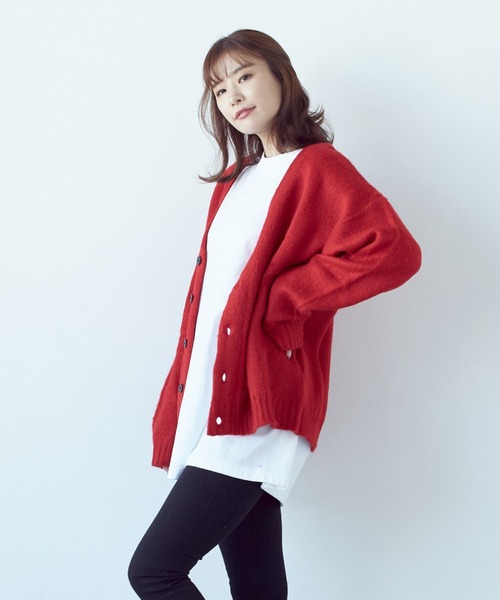 VIBGYOR（ヴィブジョー）の「VIBGYOR Select/モヘアタッチＶ/NBIGカーデ(BL)（カーディガン/ボレロ・レディース・ブラック/レッド/グリーン/マスタード/ライトグレー/エメラルド/ブルー・LARGE/MEDIUM）」の7枚目の写真