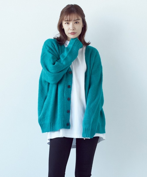 VIBGYOR（ヴィブジョー）の「VIBGYOR Select/モヘアタッチＶ/NBIGカーデ(BL)（カーディガン/ボレロ・レディース・ブラック/レッド/グリーン/マスタード/ライトグレー/エメラルド/ブルー・LARGE/MEDIUM）」の4枚目の写真