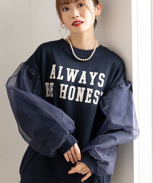 prose verse(プロズヴェール)の「袖オーガンジー裏起毛ロゴスウェット(Tシャツ/カットソー・レディース・ネイビー/オフホワイト・MEDIUM)」の2枚目の写真
