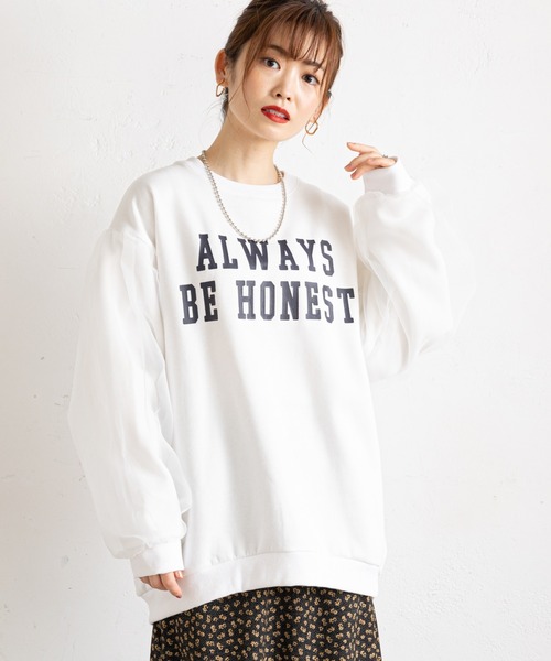 prose verse(プロズヴェール)の「袖オーガンジー裏起毛ロゴスウェット(Tシャツ/カットソー・レディース・ネイビー/オフホワイト・MEDIUM)」の1枚目の写真