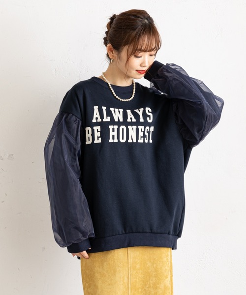prose verse(プロズヴェール)の「袖オーガンジー裏起毛ロゴスウェット(Tシャツ/カットソー・レディース・ネイビー/オフホワイト・MEDIUM)」の8枚目の写真