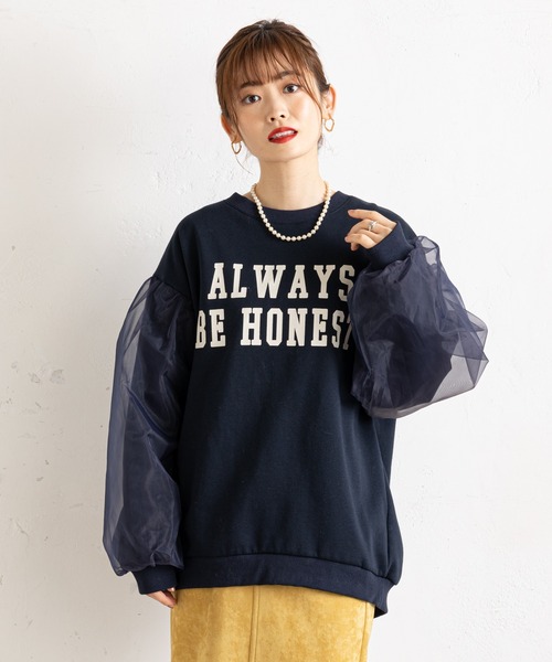 prose verse(プロズヴェール)の「袖オーガンジー裏起毛ロゴスウェット(Tシャツ/カットソー・レディース・ネイビー/オフホワイト・MEDIUM)」の9枚目の写真