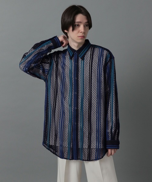 HARE(ハレ)の「ストライプメッシュシャツ(HARE)(シャツ/ブラウス・メンズ・ブルー/ベージュ・FREE)」の11枚目の写真