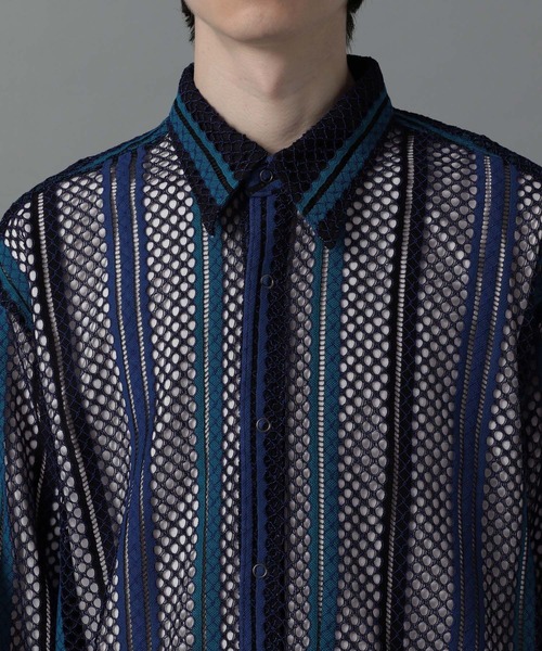 HARE(ハレ)の「ストライプメッシュシャツ(HARE)(シャツ/ブラウス・メンズ・ブルー/ベージュ・FREE)」の8枚目の写真