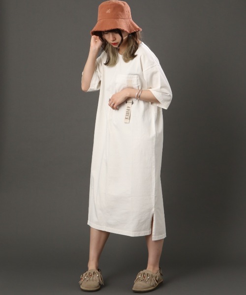 AVIREX(アヴィレックス)の「FADE WASH TAPE LOGO ONEPIECE/ フェイドウォッシュ ロゴワンピース(ワンピース・レディース・イエロー/オリーブ/オフホワイト/ブラック・FREE)」の16枚目の写真