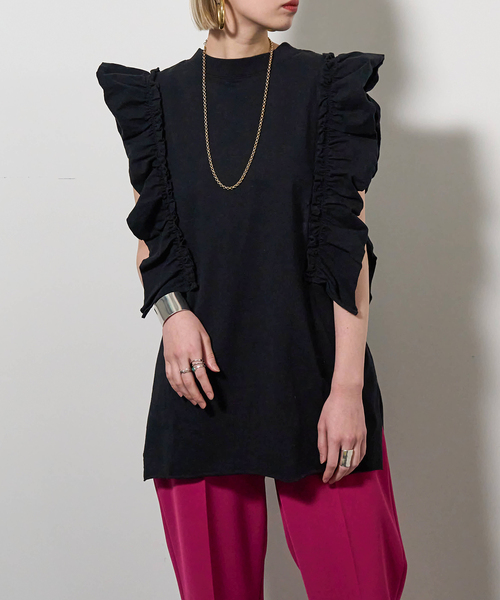 CITYSHOP(シティーショップ)の「DOZUME FRILL N/S Tシャツ(Tシャツ/カットソー・レディース・ホワイト/ブラック・FREE)」の2枚目の写真