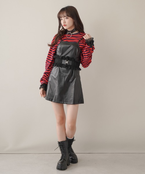 SPINNS（スピンズ）の「フェイクレザーミニキャミワンピース  