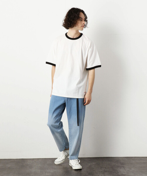 Purple&Yellow(パープルアンドイエロー)の「ロゴ刺繍BIGリンガー半袖クルーネックTシャツ(Tシャツ/カットソー・メンズ・ブラック×ホワイト/ホワイト系1/ホワイト×ブラック・SMALL/LARGE/MEDIUM)」の4枚目の写真