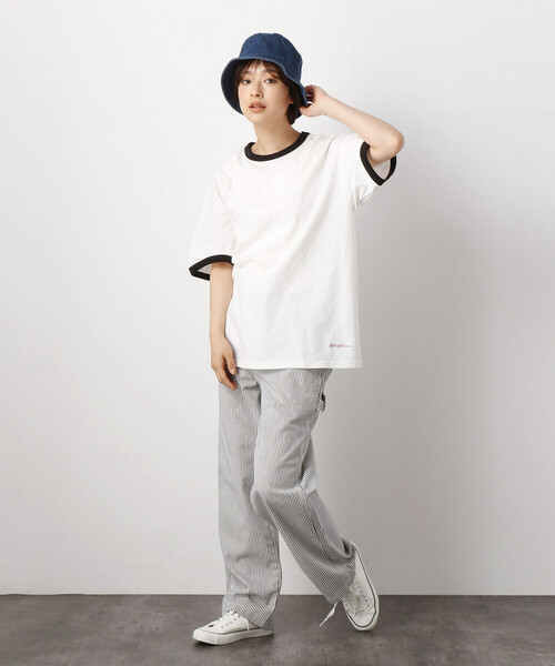 Purple&Yellow(パープルアンドイエロー)の「ロゴ刺繍BIGリンガー半袖クルーネックTシャツ(Tシャツ/カットソー・メンズ・ブラック×ホワイト/ホワイト系1/ホワイト×ブラック・SMALL/LARGE/MEDIUM)」の5枚目の写真