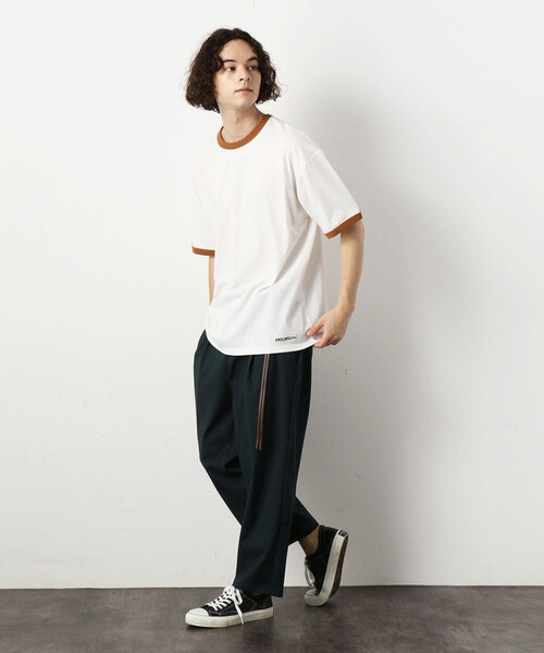 Purple&Yellow(パープルアンドイエロー)の「ロゴ刺繍BIGリンガー半袖クルーネックTシャツ(Tシャツ/カットソー・メンズ・ブラック×ホワイト/ホワイト系1/ホワイト×ブラック・SMALL/LARGE/MEDIUM)」の6枚目の写真