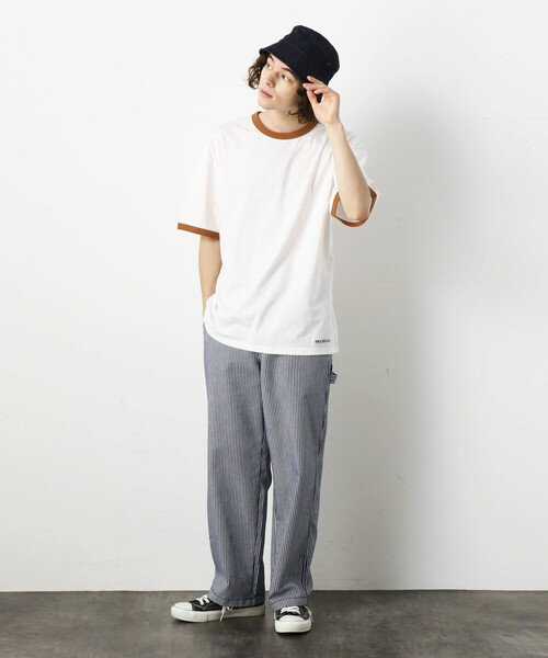 Purple&Yellow(パープルアンドイエロー)の「ロゴ刺繍BIGリンガー半袖クルーネックTシャツ(Tシャツ/カットソー・メンズ・ブラック×ホワイト/ホワイト系1/ホワイト×ブラック・SMALL/LARGE/MEDIUM)」の7枚目の写真