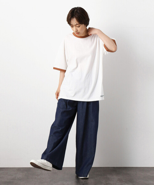 Purple&Yellow(パープルアンドイエロー)の「ロゴ刺繍BIGリンガー半袖クルーネックTシャツ(Tシャツ/カットソー・メンズ・ブラック×ホワイト/ホワイト系1/ホワイト×ブラック・SMALL/LARGE/MEDIUM)」の8枚目の写真