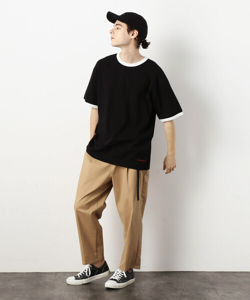 Purple&Yellow(パープルアンドイエロー)の「ロゴ刺繍BIGリンガー半袖クルーネックTシャツ(Tシャツ/カットソー・メンズ・ブラック×ホワイト/ホワイト系1/ホワイト×ブラック・SMALL/LARGE/MEDIUM)」の9枚目の写真