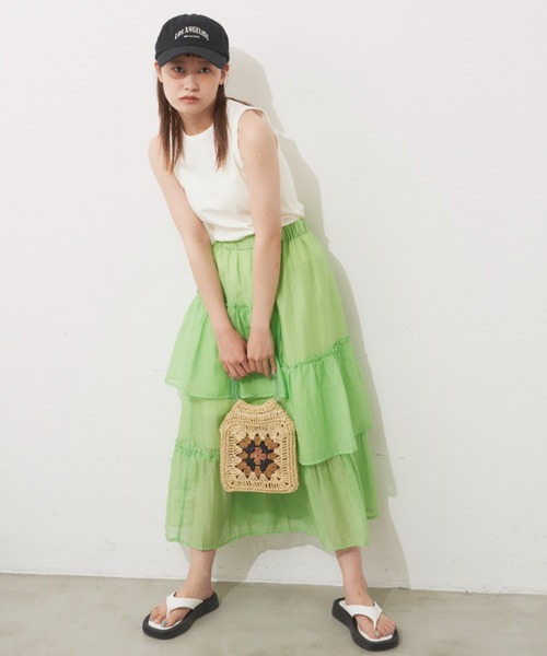 MERLOT（メルロー）の「シアーフリルスカート（スカート・レディース・ブラック/オレンジ/グリーン・FREE）」の20枚目の写真