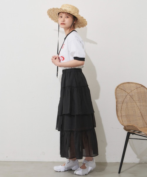 MERLOT（メルロー）の「シアーフリルスカート（スカート・レディース・ブラック/オレンジ/グリーン・FREE）」の12枚目の写真